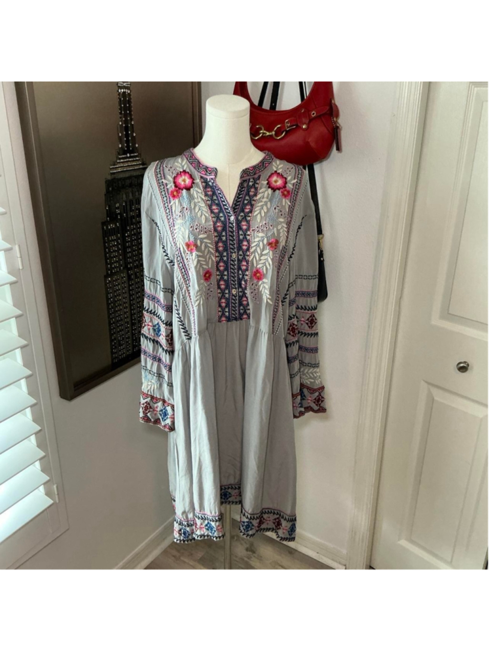 Johnny Was Workshop Gray Embroidered Boho Midi Dress Size Large